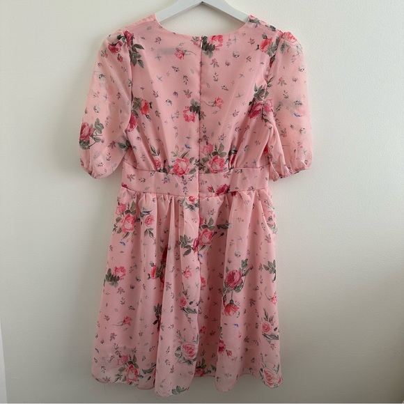 Pink Chiffon Floral V-Neck Dress with Puff Sleeves - Picture 7 of 9